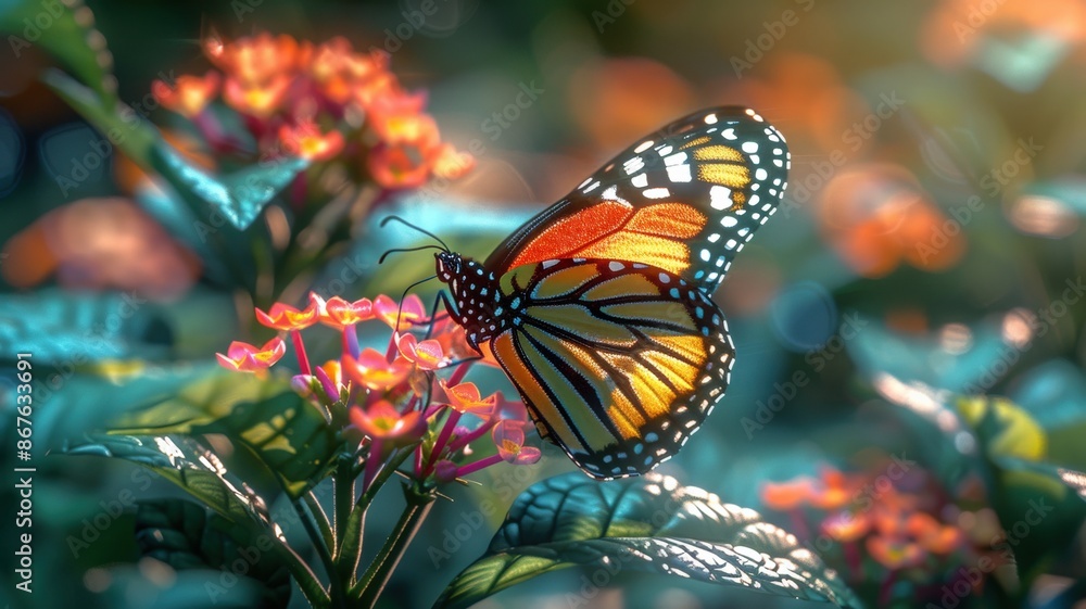 Vibrant Monarch Butterfly Perched on Bright Pink Flowers in Lush Green Garden with Soft Sunlight and Colorful Bokeh Background Creating Dreamy Atmospherebutterfly Vibrant Monarch Butterfly Perched on Bright Pink Flowers in Lush Green Garden with Soft Sunlight and Colorful Bokeh Background Creating Dreamy Atmospherebutterfly