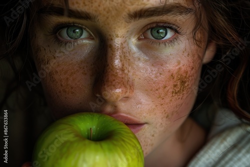 The captivating gaze of a freckled young woman with piercing green eyes holding a vibrant green apple close to her lips, intimate close-up portraitportrait photo