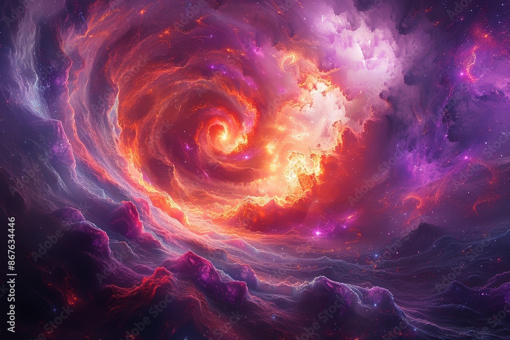 Cosmic Nebula Vortex in Deep Space with Vibrant Swirling Clouds of Red, Pink, and Purple Hues Illuminated by Bright Central Lightcosmic Cosmic Nebula Vortex in Deep Space with Vibrant Swirling Clouds of Red, Pink, and Purple Hues Illuminated by Bright Central Lightcosmic