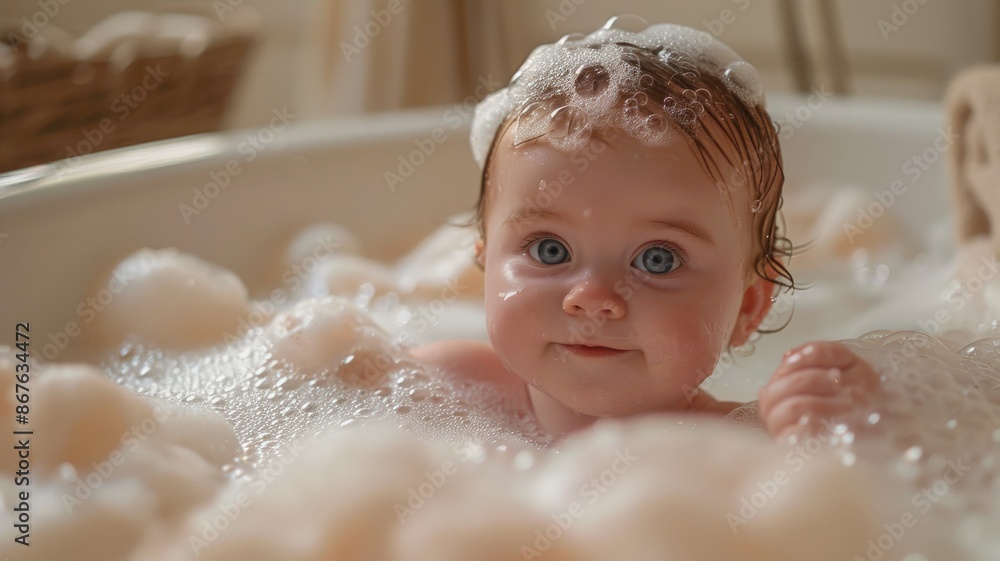 Adorable baby enjoying a playful and bubbly bath time in a cozy home setting, surrounded by abundant frothy bubbles, with a joyful expressionbaby Adorable baby enjoying a playful and bubbly bath time in a cozy home setting, surrounded by abundant frothy bubbles, with a joyful expressionbaby