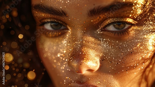 Close-up Portrait of a Woman with Glittering Gold Makeup and Sparkling Highlights on Skin Capturing Beauty and Elegance in Intense Lightface