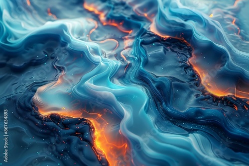 Abstract fluid art with vibrant blue and orange hues, resembling turbulent ocean waves and fiery lava flows, creating a dynamic and mesmerizing visual effectabstract photo