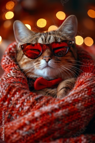 Fashionable tabby cat wearing red heart-shaped sunglasses and a matching red bow tie, cozily wrapped in a knitted blanket with festive bokeh lights in the backgroundfashionable cat photo