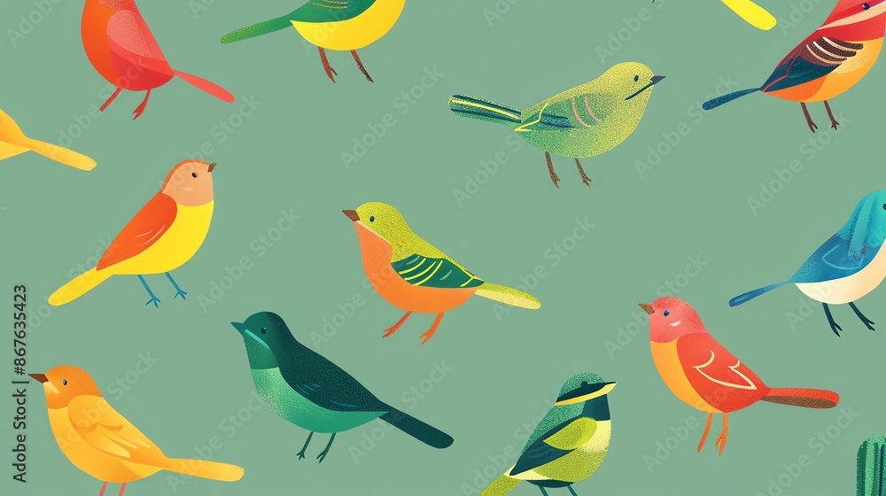 A pattern of colorful birds on a green background. A pattern of colorful birds on a green background.