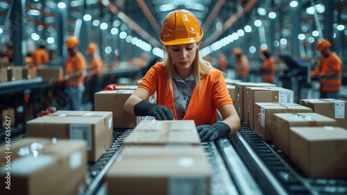 Female Worker in Orange Safety Gear Sorting Packages on Conveyor Belt in a Busy Modern Automated Warehouse Facilitywarehouse photo
