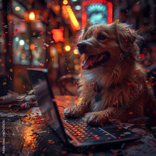 The lively image of a happy dog using a laptop in a vibrant, festive atmosphere with colorful lights and falling confetti in the backgrounddog photo