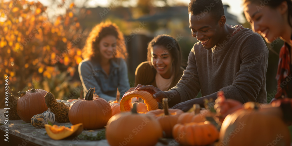 Fototapeta premium Group of Friends Carving Pumpkins Outdoors During Fall
