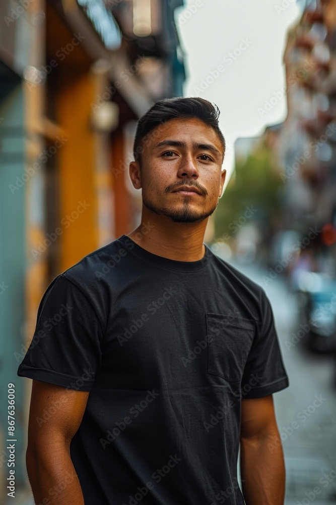 A confident man in a black t-shirt standing on a city street with blurred urban background, showcasing strength and determination on a sunny dayConfident A confident man in a black t-shirt standing on a city street with blurred urban background, showcasing strength and determination on a sunny dayConfident
