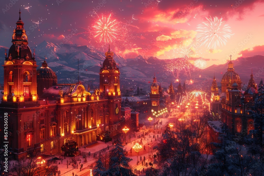 Obraz premium Majestic Winter Evening Cityscape with Illuminated Historic Buildings and Vibrant Fireworks Display Under Colorful Sky in Snowy Townfireworks