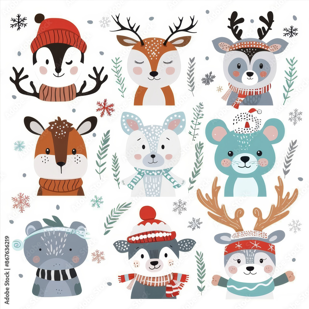 Cute animal Christmas set illustration. festive winter Christmas funny animal characters. Winter-themed featuring cute animal faces perfect for festive and holiday designs, gift wrapping Cute animal Christmas set illustration. festive winter Christmas funny animal characters. Winter-themed featuring cute animal faces perfect for festive and holiday designs, gift wrapping