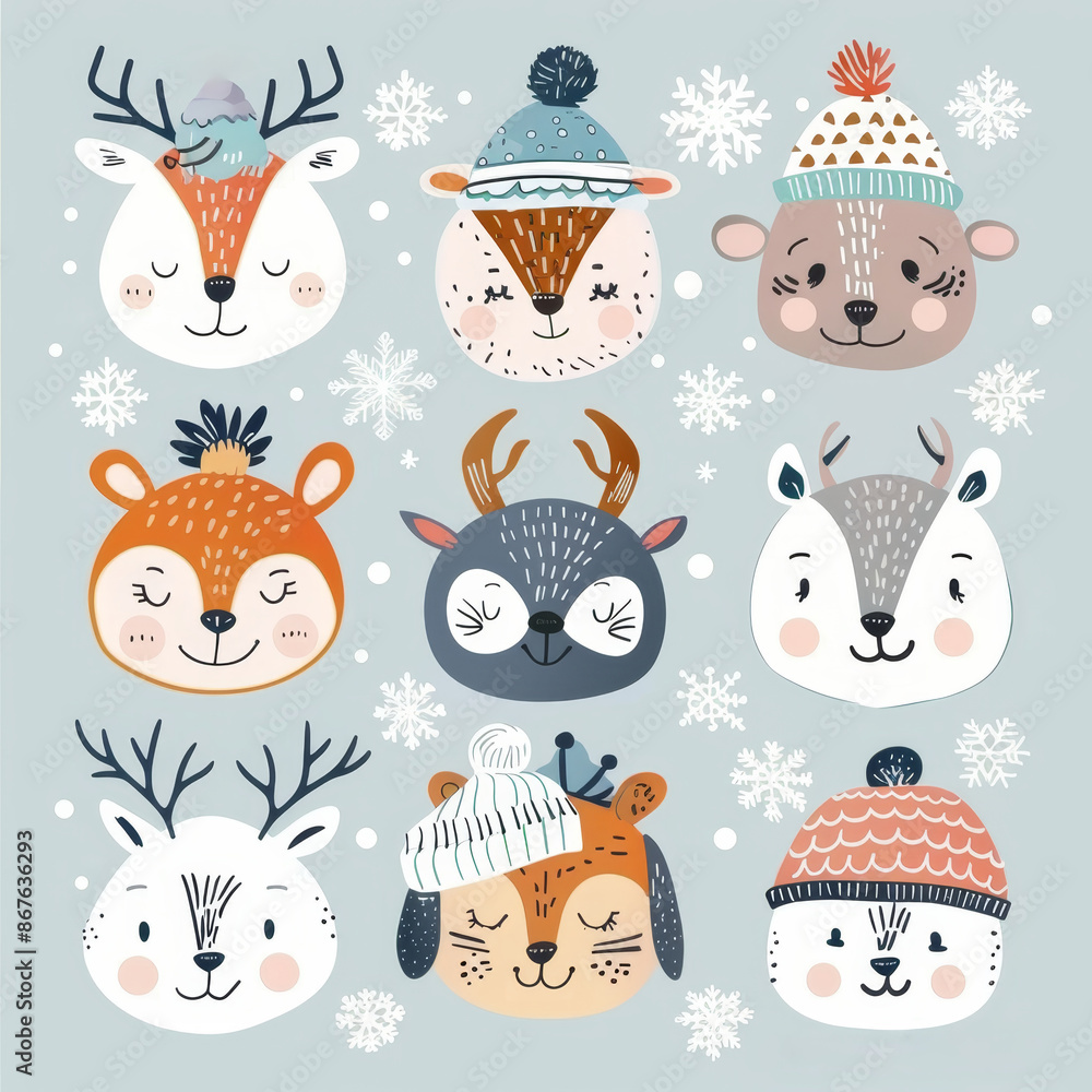 Cute animal Christmas set illustration. festive winter Christmas funny animal characters. Winter-themed featuring cute animal faces perfect for festive and holiday designs, gift wrapping Cute animal Christmas set illustration. festive winter Christmas funny animal characters. Winter-themed featuring cute animal faces perfect for festive and holiday designs, gift wrapping