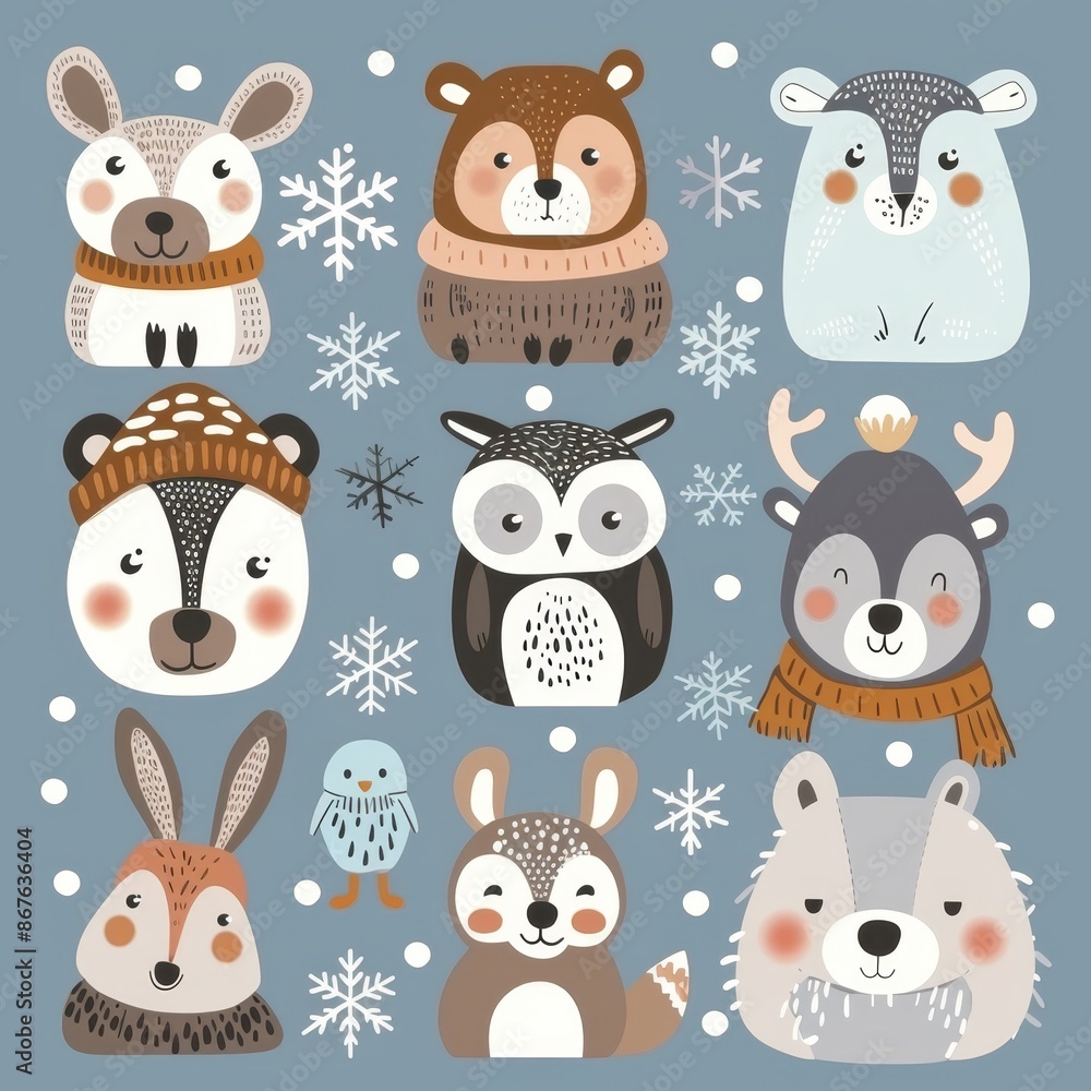 Cute animal Christmas set illustration. festive winter Christmas funny animal characters. Winter-themed featuring cute animal faces perfect for festive and holiday designs, gift wrapping Cute animal Christmas set illustration. festive winter Christmas funny animal characters. Winter-themed featuring cute animal faces perfect for festive and holiday designs, gift wrapping