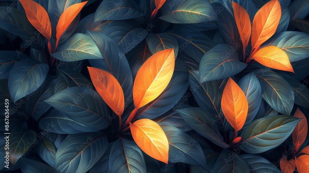 Close-up of vibrant orange and blue tropical leaves, colorful nature background. Botanical concept Close-up of vibrant orange and blue tropical leaves, colorful nature background. Botanical concept