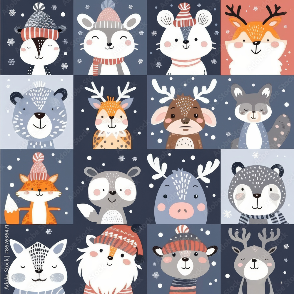 Cute animal Christmas set illustration. festive winter Christmas funny animal characters. Winter-themed featuring cute animal faces perfect for festive and holiday designs, gift wrapping Cute animal Christmas set illustration. festive winter Christmas funny animal characters. Winter-themed featuring cute animal faces perfect for festive and holiday designs, gift wrapping