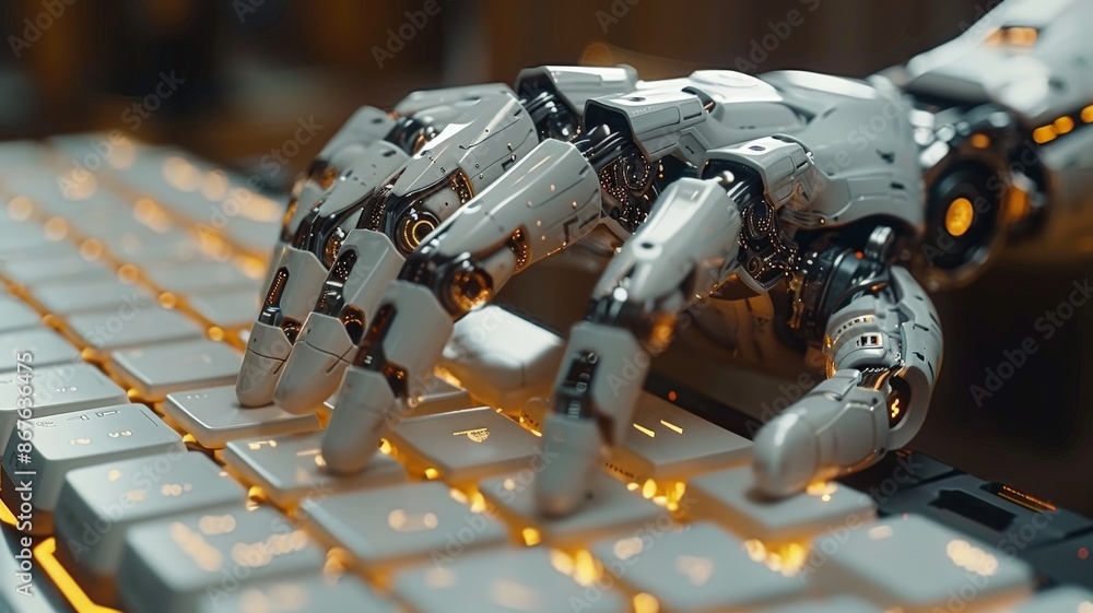 Fototapeta premium Artificial Intelligence Robot Hand Typing on a Keyboard with Glowing Keys, Illustrating Advanced Technology and Automation in Digital Environments