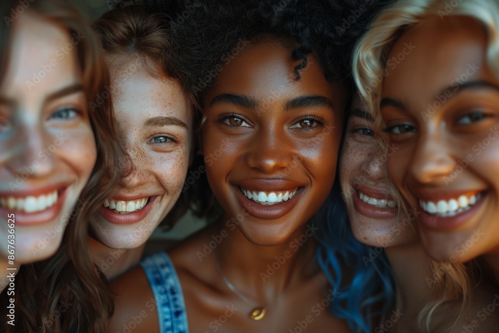 Portrait of Diverse Group of Young Women Smiling Joyfully, Celebrating Friendship and Happiness with Close-Up Camera ShotFriendship