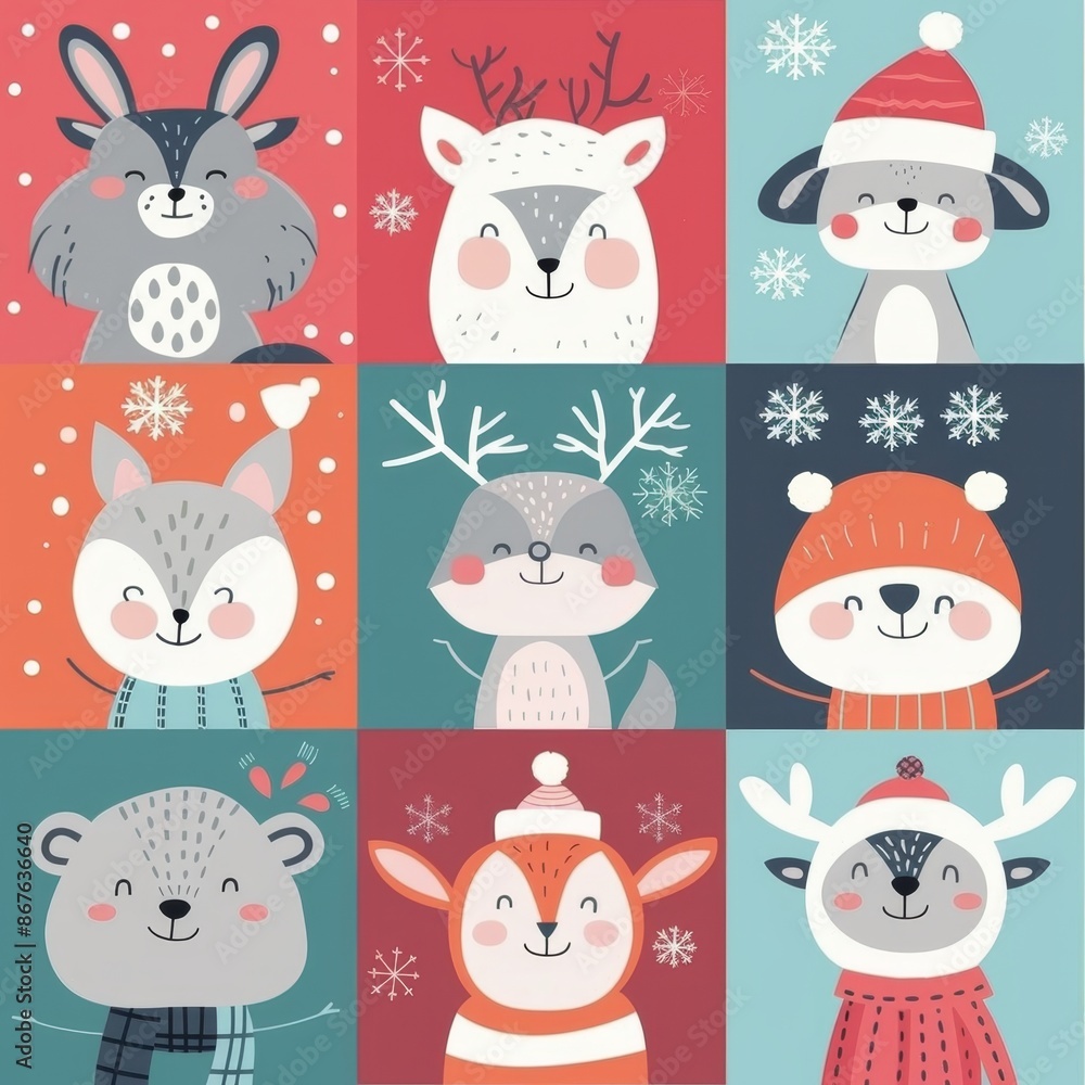 Cute animal Christmas set illustration. festive winter Christmas funny animal characters. Winter-themed featuring cute animal faces perfect for festive and holiday designs, gift wrapping Cute animal Christmas set illustration. festive winter Christmas funny animal characters. Winter-themed featuring cute animal faces perfect for festive and holiday designs, gift wrapping