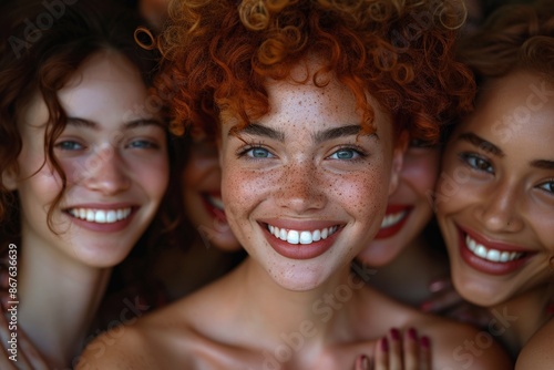 Group of Diverse Smiling Women with Freckles and Curly Hair Posing Together, Highlighting Natural Beauty and Friendship in Close-Up PortraitDiverse women © Piya