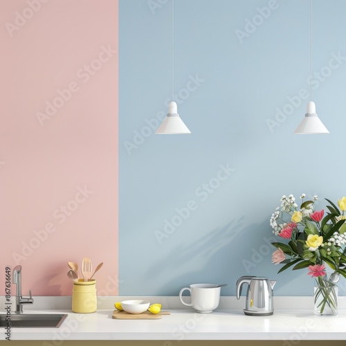 Minimalist kitchen with pink floral decor