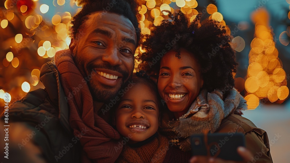 Happy African American Family Taking Selfie with Festive Christmas Lights in the Background at Night Outdoorsfamily Happy African American Family Taking Selfie with Festive Christmas Lights in the Background at Night Outdoorsfamily
