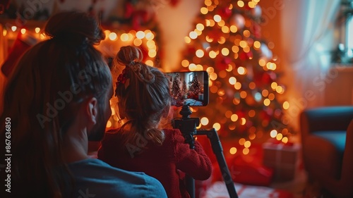 Father and daughter capturing festive holiday memories on smartphone with beautifully decorated Christmas tree in the background illuminated by warm glowing lightsChristmas photo