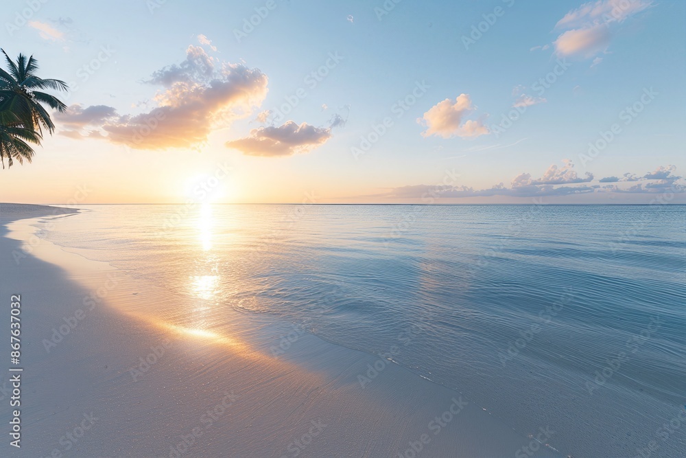 Serene tropical beach at sunrise, with gentle waves, soft sand, and a stunning view of the sun rising over the horizon. Serene tropical beach at sunrise, with gentle waves, soft sand, and a stunning view of the sun rising over the horizon.