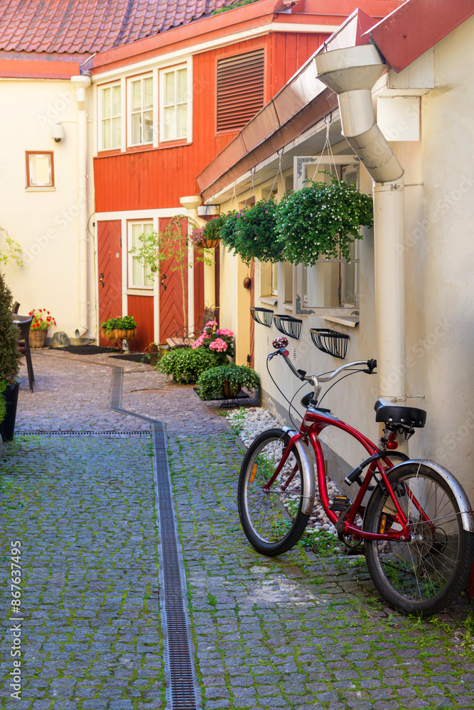 cozy little street in Tallinn with flowers in pots cozy little street in Tallinn with flowers in pots