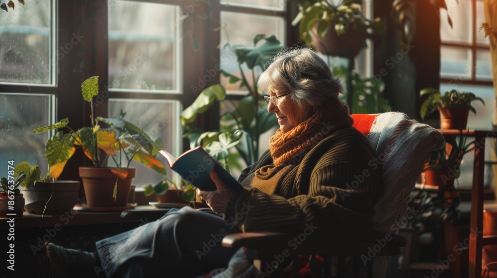 Elderly Woman Reading Book in Cozy Living Room with Warm Sunset Light. Generative ai Elderly Woman Reading Book in Cozy Living Room with Warm Sunset Light. Generative ai