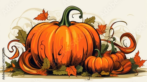 An artistic illustration featuring a large central pumpkin with swirling vines and smaller pumpkins around it. Leaves and autumnal elements accentuate the theme.