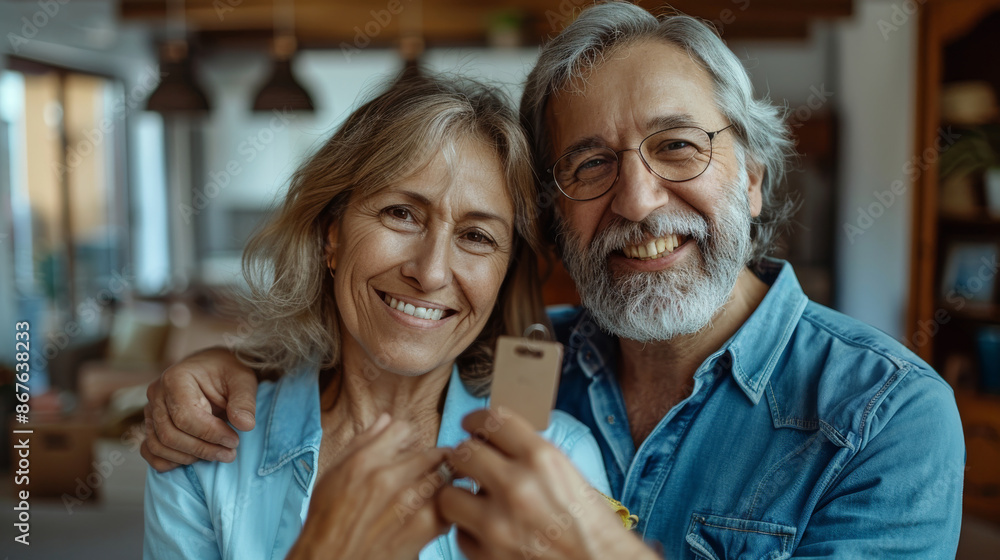 Happy Senior Couple Holding House Keys in New Home. Moving Day. Generative ai Happy Senior Couple Holding House Keys in New Home. Moving Day. Generative ai