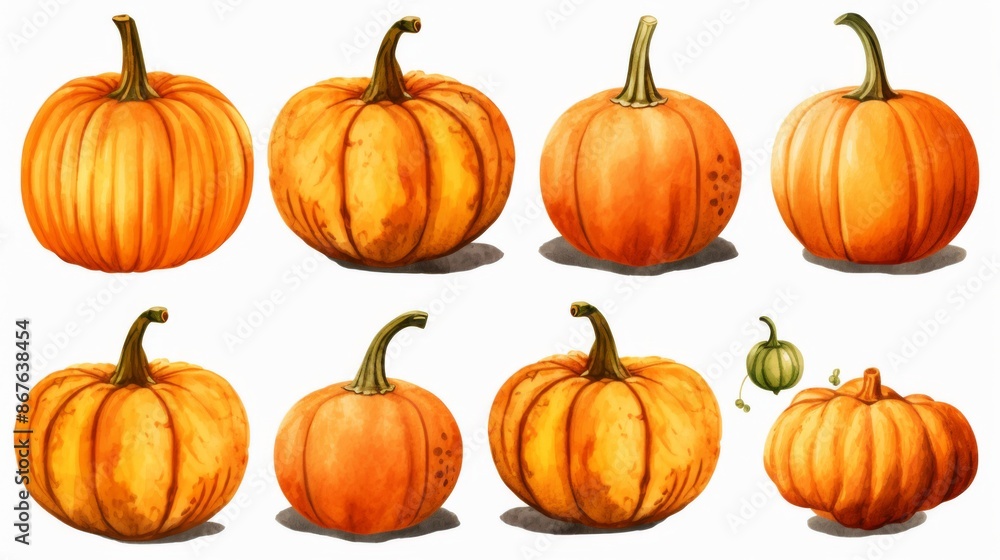A lineup of eight pumpkins in various shapes and sizes captured with a focus on their differences, demonstrating their natural textures and distinct appearances against a simple background. A lineup of eight pumpkins in various shapes and sizes captured with a focus on their differences, demonstrating their natural textures and distinct appearances against a simple background.