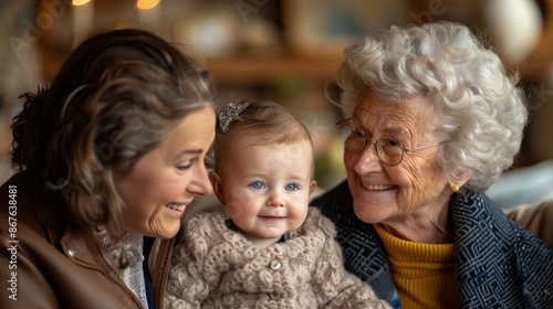 Tender Family Moment: Elderly Grandmother, Mother and Baby Girl at Home. Generative ai
