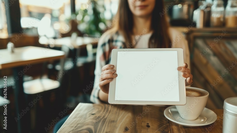 A woman holds a tablet with a blank screen towards the camera in a cafe setting A woman holds a tablet with a blank screen towards the camera in a cafe setting