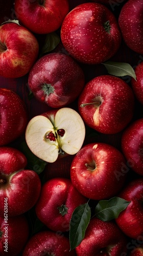 Red apples background with one halved apple, top view. Fresh fruit and healthy eating concept