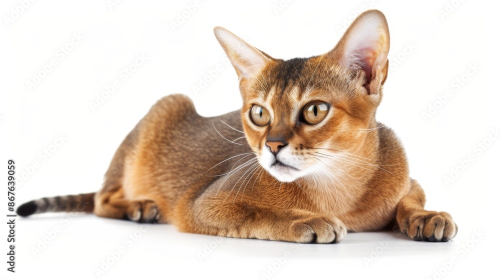 Obraz premium A sleek Abyssinian cat lying on a white backdrop, alert with bright eyes focused ahead, displaying a stunning mix of brown and golden fur and an expressive face.