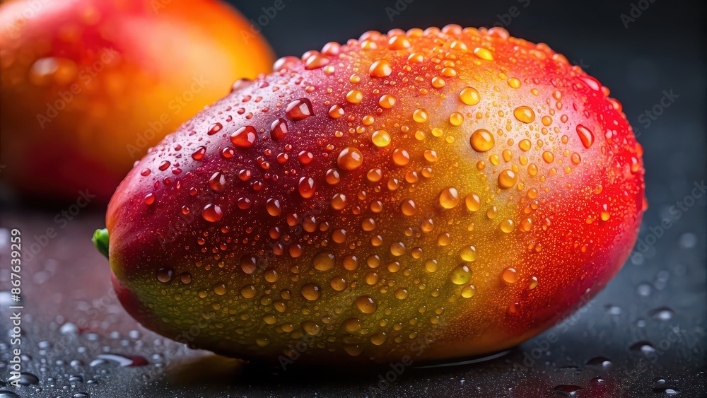 Close-up of a ripe mango with water droplets on it, tropical, juicy, sweet, summer, fruit, delicious, fresh, vibrant Close-up of a ripe mango with water droplets on it, tropical, juicy, sweet, summer, fruit, delicious, fresh, vibrant