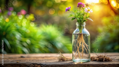 Fototapeta Naklejka Na Ścianę i Meble -  Clear glass bottle with blooming flowers and long roots, vase, flowers, plant, roots, botanical, floral,growth