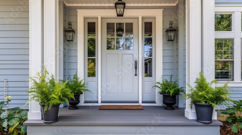 Elegant Front Porch with Potted Ferns and Classic White Door
