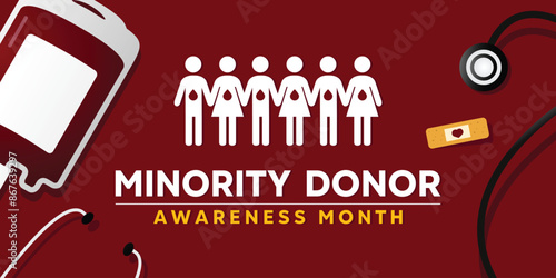 National Minority Awareness Month. Blood, people icon, stethoscope and more. Great for cards, banners, posters, social media and more. Red background.  