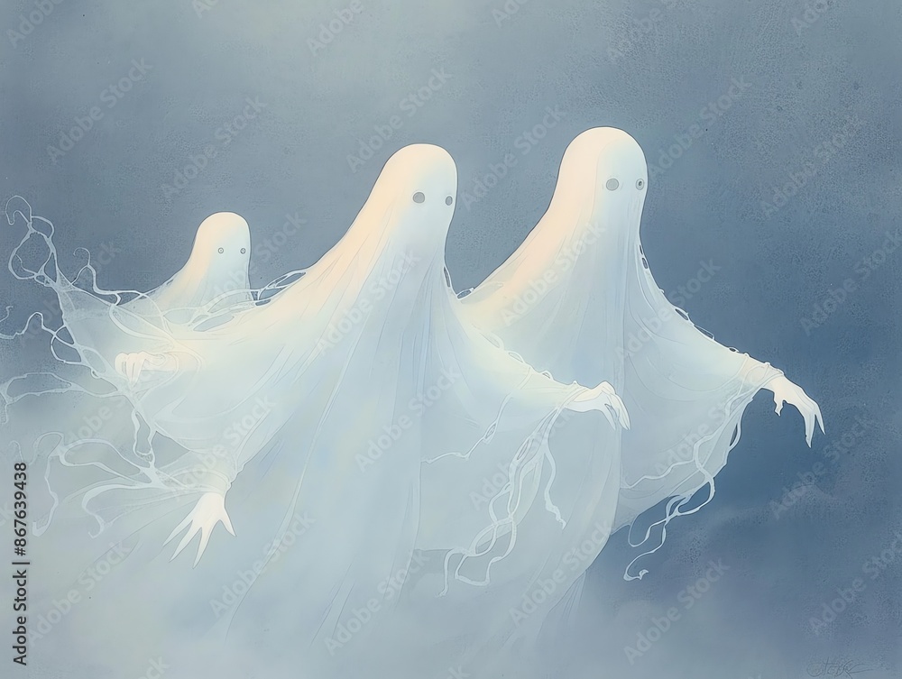 Three ethereal white ghosts floating in a foggy, mysterious atmosphere. Ideal for Halloween, fantasy, and spooky-themed projects. Three ethereal white ghosts floating in a foggy, mysterious atmosphere. Ideal for Halloween, fantasy, and spooky-themed projects.