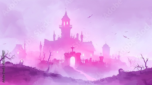 Mysterious fantasy castle surrounded by purple mist and eerie landscape, creating an enchanting and ominous atmosphere.