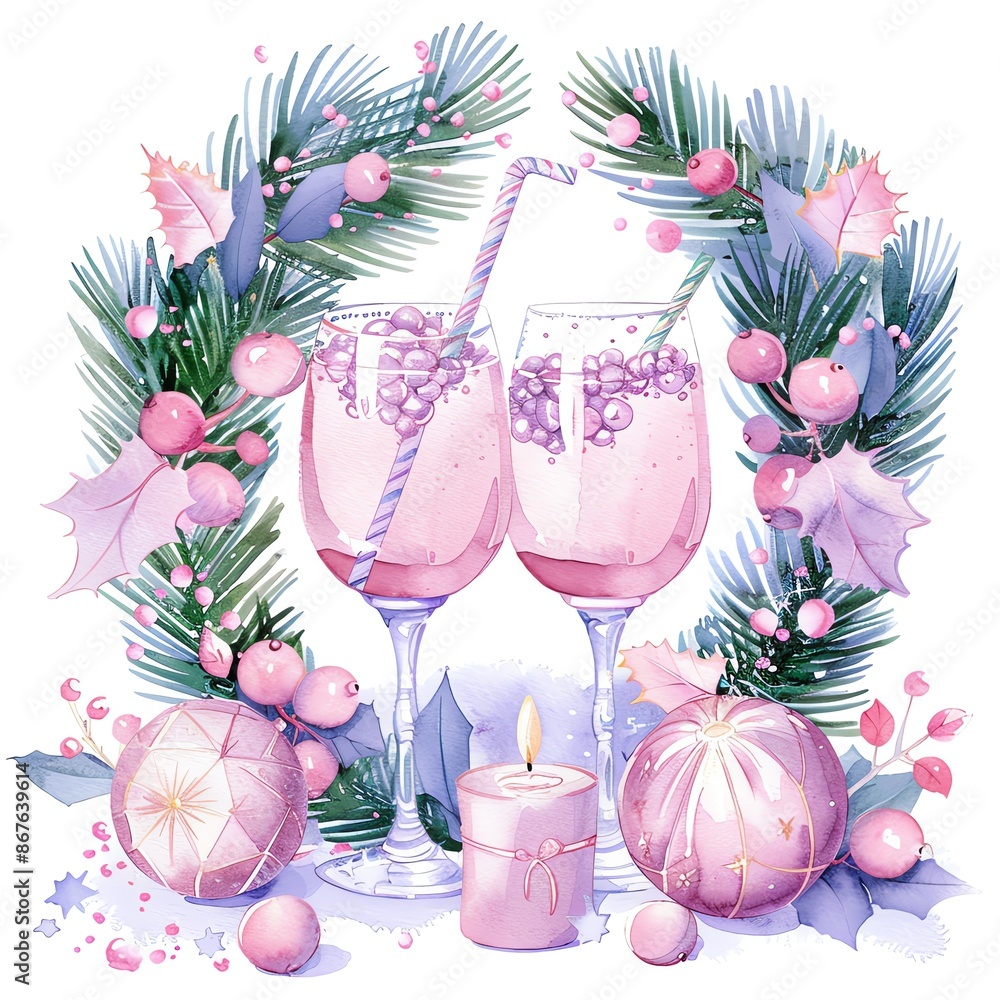 Festive holiday scene with two glasses of pink champagne, surrounded by lush greenery, ornaments, and a lit candle. Festive holiday scene with two glasses of pink champagne, surrounded by lush greenery, ornaments, and a lit candle.