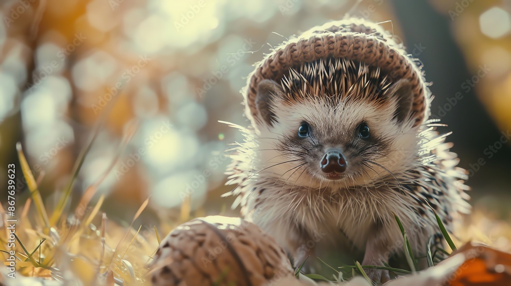 A hedgehog wearing a brown knit hat is looking at the camera. A hedgehog wearing a brown knit hat is looking at the camera.
