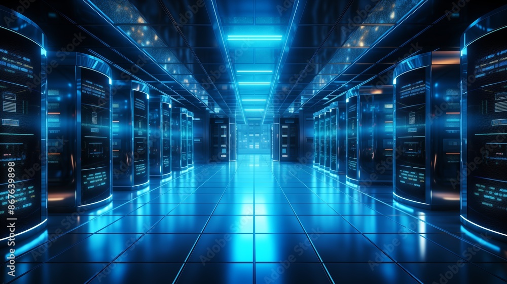 Futuristic Data Center with Blue Lighting and Server Racks Futuristic Data Center with Blue Lighting and Server Racks