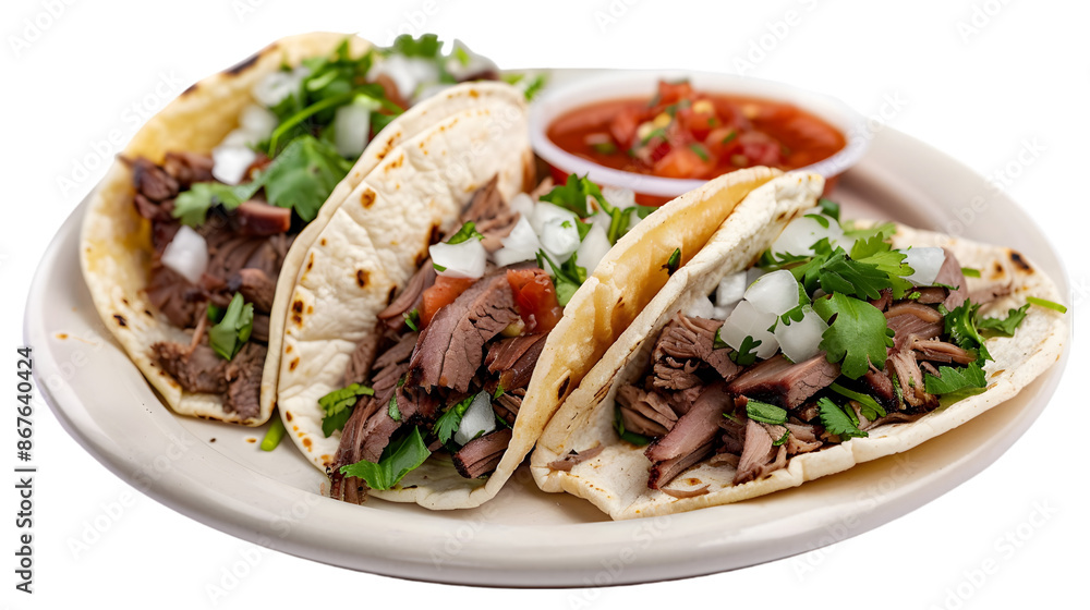 A plate of brisket tacos filled with juicy, smoky brisket, diced onions, and salsa, on a transparent background A plate of brisket tacos filled with juicy, smoky brisket, diced onions, and salsa, on a transparent background