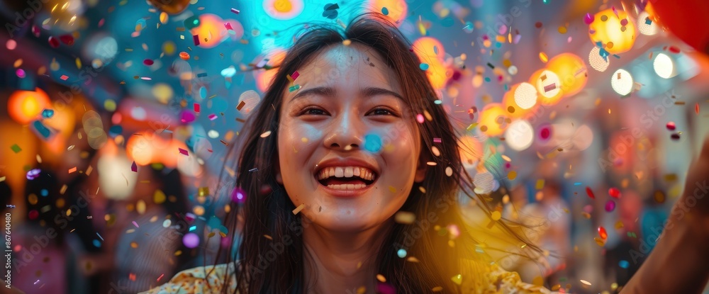 Celebration Party With A Group Of Asian Young People Holding Confetti, Happy And Fun Celebration Party With A Group Of Asian Young People Holding Confetti, Happy And Fun