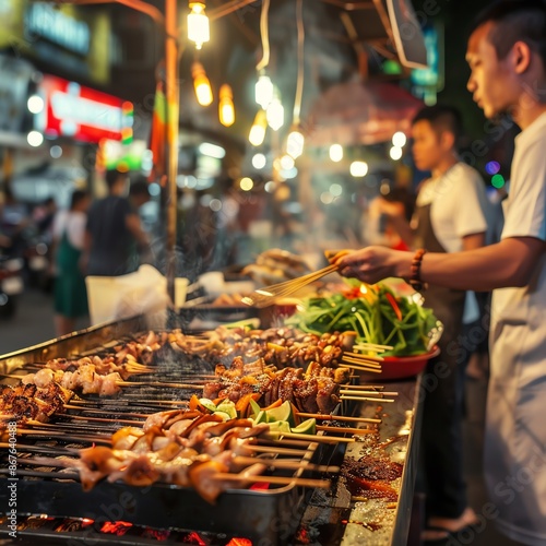Street food vendor, Thailand night market, grilling skewers, vibrant lights, crowded streets, authentic flavors, traditional Thai cuisine, festive atmosphere. copy space for text,