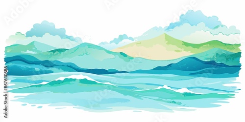 art, watercolor, ocean, Soft and soothing watercolor art of the ocean, on clean white background
