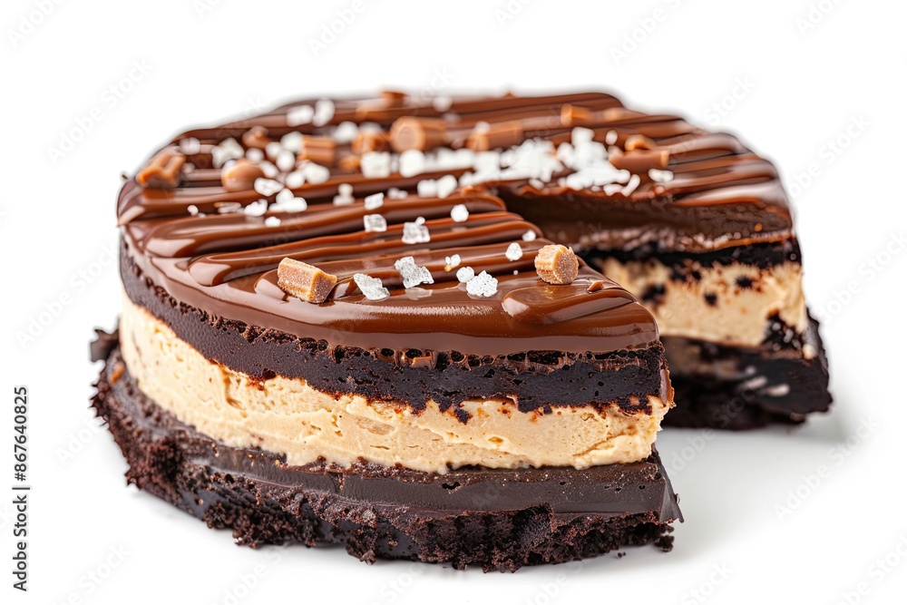dessert peanut butter cup brownie torte layers of chewy Fudge brownie, whipped peanut butter filling and rinch ganache with sprinkle of sea salt on isolated background dessert peanut butter cup brownie torte layers of chewy Fudge brownie, whipped peanut butter filling and rinch ganache with sprinkle of sea salt on isolated background