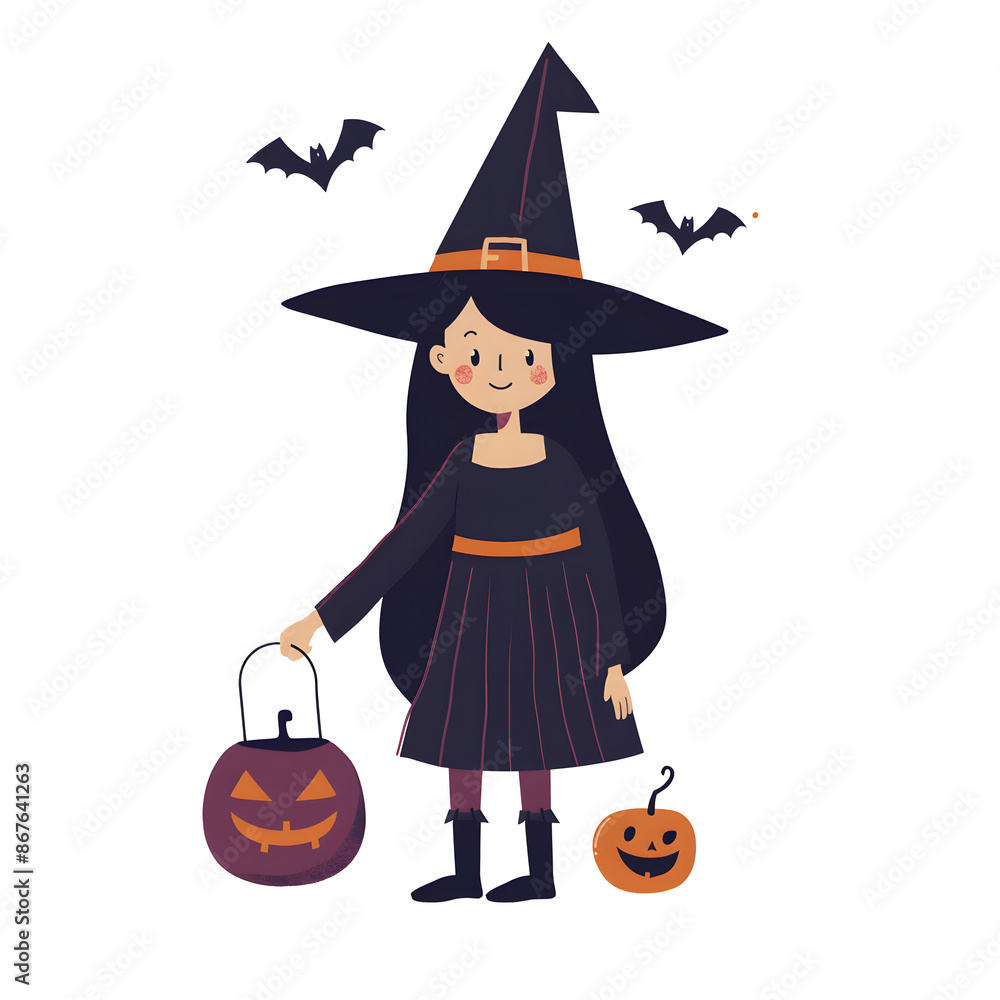 Fototapeta premium Illustration of a girl dressed as a witch on Halloween. Flat illustration. vector illustration